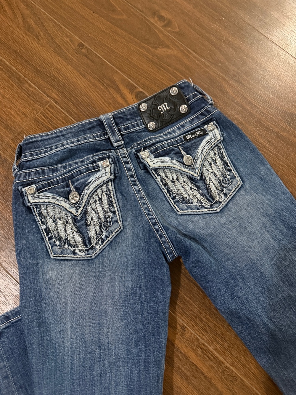 Miss Me Dark Blue Low Rise Jeans with Embroidered Pockets